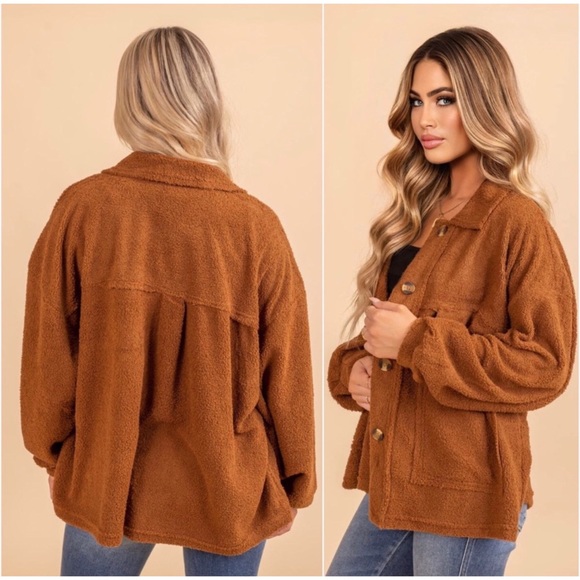 1 LEFT Teddy Women’s Fall Cognac Camel Ultra Soft Comfy Trendy Must Have Shacket - Picture 2 of 2